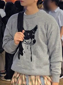 DAZY 男士動物圖案落肩袖套頭毛衣 - 灰色 - 查看 4