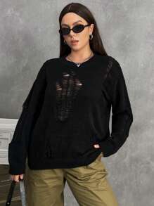 SHEIN EZwear 大碼素色落肩袖破洞套頭毛衣 - 黑色 - 查看 4
