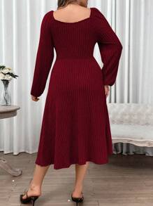 Franclia Plus Sweetheart Neck Lantern Sleeve Single Breasted Dress, Burgundy Women Outfit