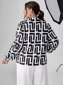 SHEIN Clasi 大碼幾何印花燈籠袖襯衫 - 黑色 - 查看 2