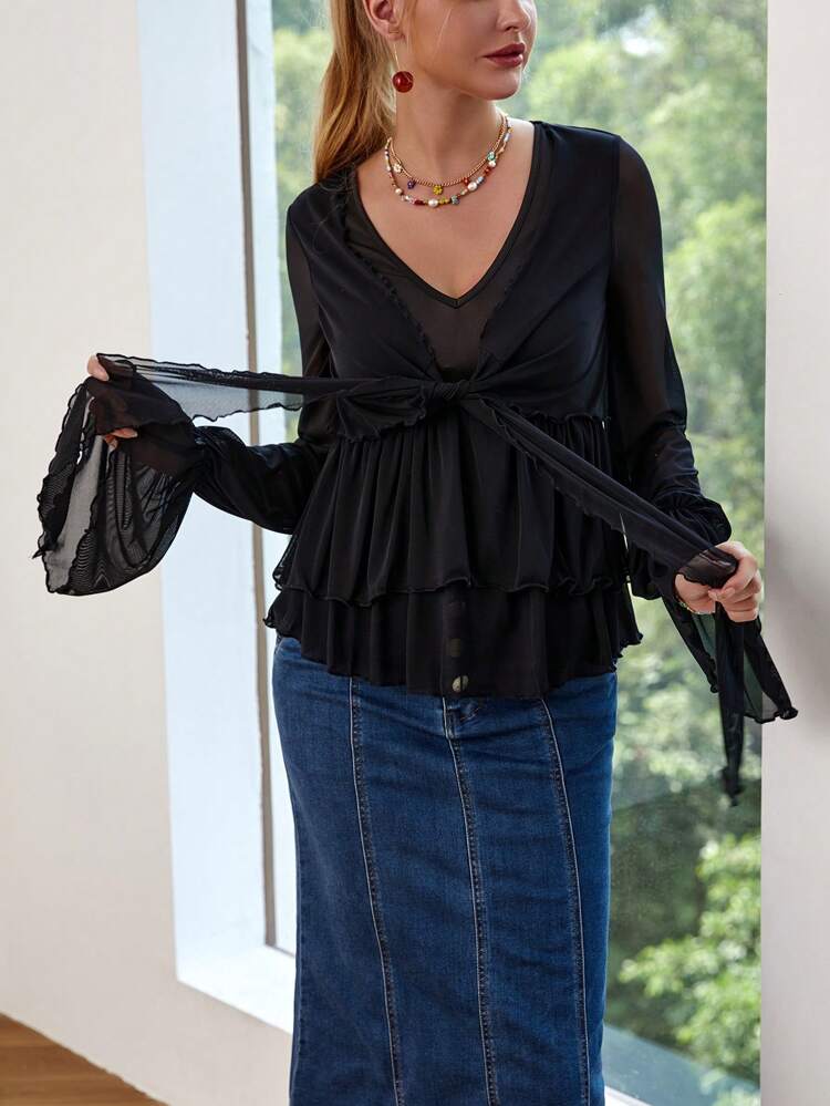 Tie Front Flare Sleeve Layered Ruffle Hem Mesh Top