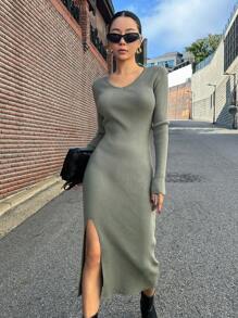 DAZY 罗纹针织开衩大腿毛衣裙，秋季女装 - 橄欖綠 - 查看 3