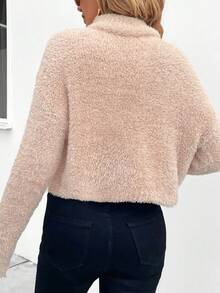 SHEIN Essnce Mock Neck Drop Shoulder Fuzzy Sweater - Khaki - View 2