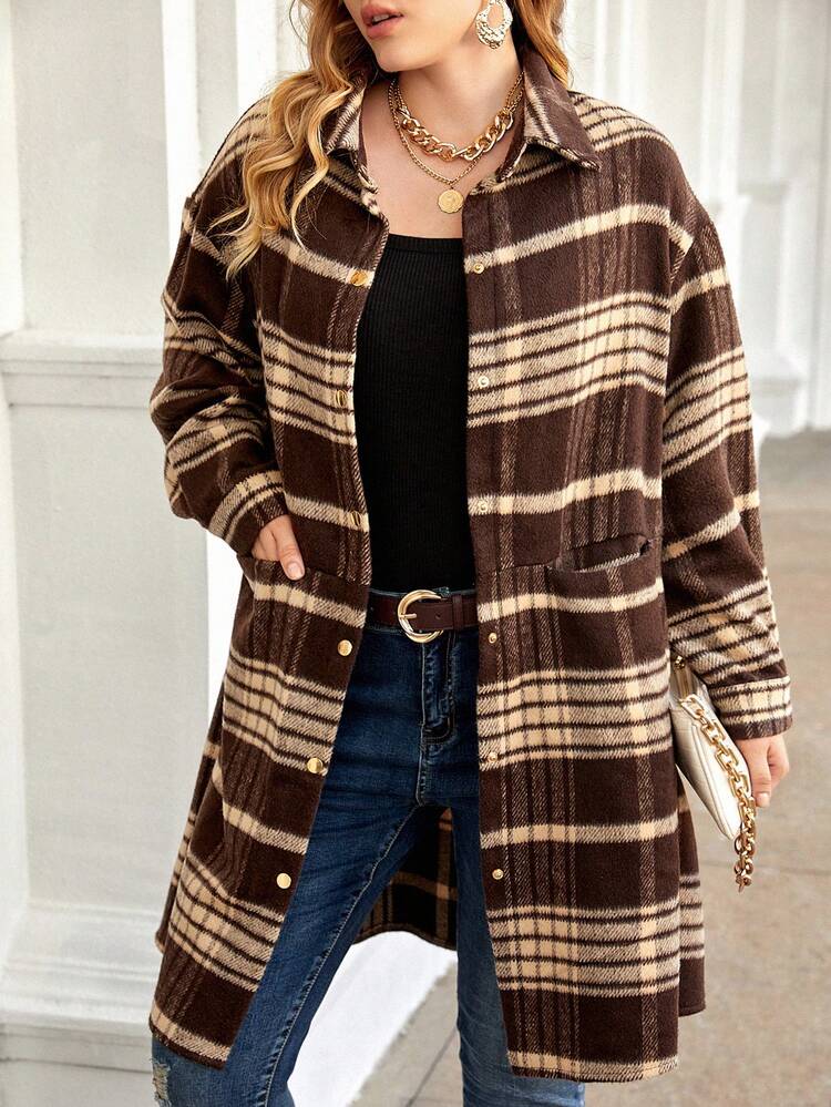 Plus Plaid Print Drop Shoulder Overcoat