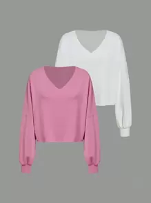 SHEIN Essnce 2pcs Solid V Neck Drop Shoulder Tee - Multicolor - View 4