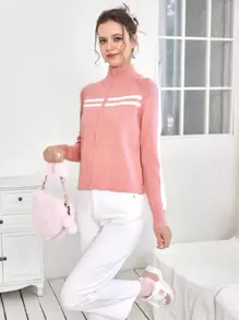 SHEIN EZwear 條紋圖案插肩袖拉鏈開襟開襟衫 - 粉色 - 查看 4