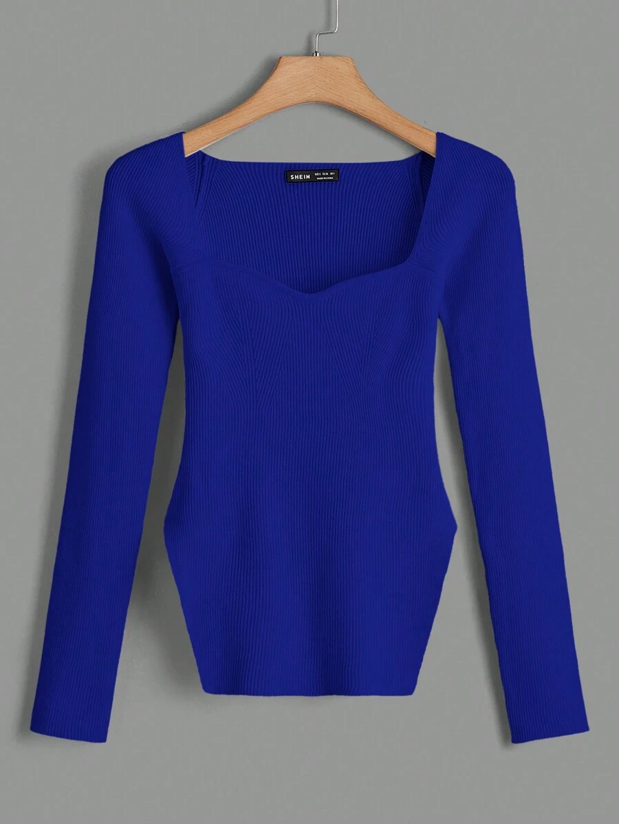 Cloudara Sweetheart Neck Ribbed Knit Sweater - Blue - View 1