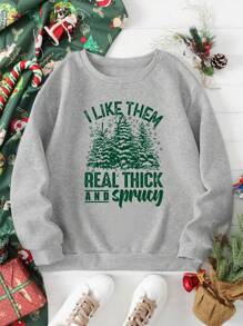 SHEIN EZwear Tree & Slogan Graphic Thermal Lined Sweatshirt - Grey - View 1