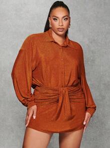 SHEIN BAE 大碼落肩袖前紐扣襯衫