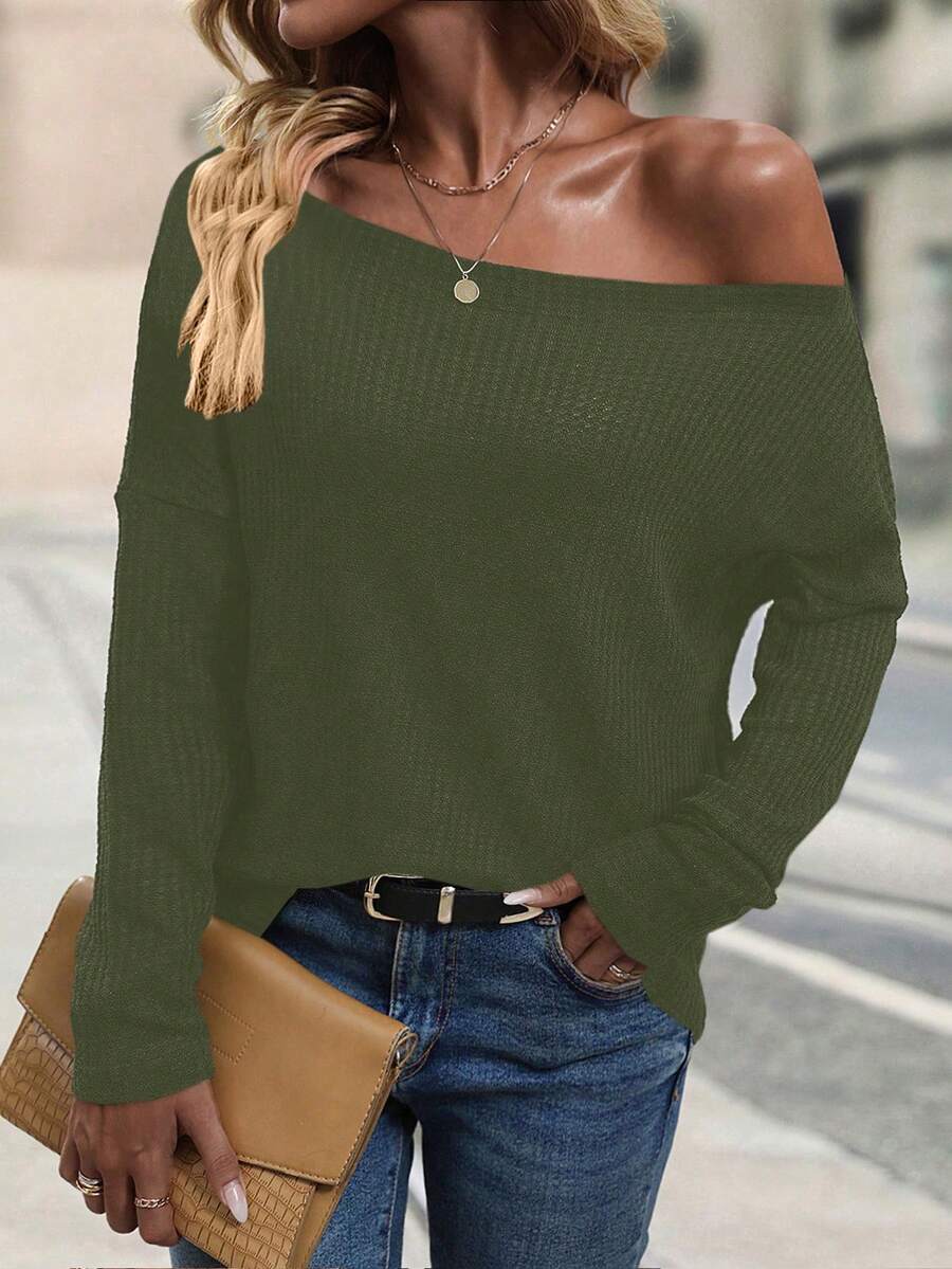 SHEIN LUNE Chất rắn Cổ thuyền Áo thun Thả vai - xanh quân đội - Xem 1
