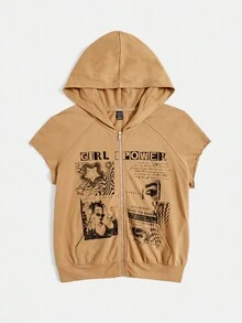 SHEIN EZwear Slogan Graphic Zip Up Hoodie Without Tee - Khaki - View 5