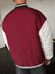 Aesthetic Post--Loose Fit Men's Slogan Graphic Colorblock Varsity Jacket With Striped Trim For Winter - Red - View 2