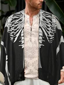 GENTILAND Men Halloween Skeleton Print Poncho Cardigan - Black - View 6