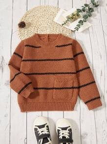 SHEIN 男小童條紋圖案口袋貼布套頭毛衣 - 咖啡棕 - 查看 1