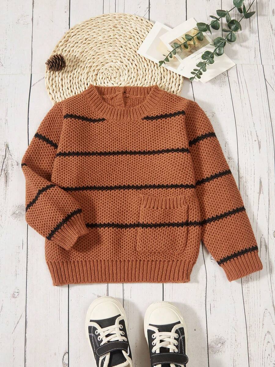 SHEIN 男小童條紋圖案口袋貼布套頭毛衣 - 咖啡棕 - 查看 1