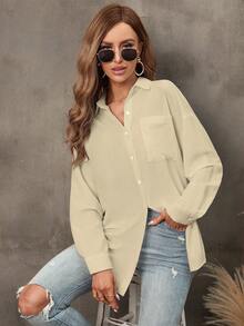 SHEIN LUNE Solid Drop Shoulder Patched Pocket Shirt Button Up Shirt - Apricot - View 6