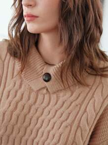 Anewsta 纯色麻花针织落肩套头衫秋冬毛衣 - 卡其色 - 查看 5