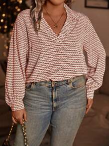 SHEIN LUNE Plus Allover Print Blouse - Red - View 6