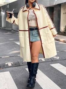 Flirla Plus Contrast Binding Dual Pocket Coat - Apricot - View 4