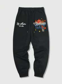 ROMWE MEN Prep 男士字母印花束口褲 - 黑色 - 查看 3