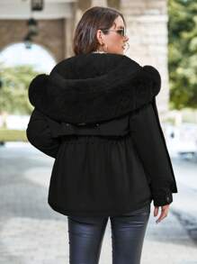 SHEIN LUNE Winter Clothes Casual Solid Color Fur Collar Hooded Padded Padded Coat - Black - View 2