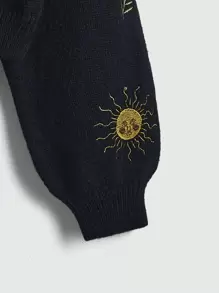 ROMWE Hippie Áo len cardigan tay dài họa tiết mặt trời và mặt trăng, áo dài tay - màu đen - Xem 3