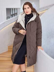 HaiLuoZi Plus Zip Up Hooded Padded Coat - Coffee Brown - View 7