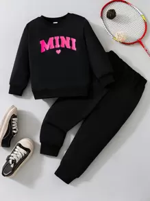SHEIN Young Girl Letter Graphic Sweatshirt & Sweatpants - Black - View 1