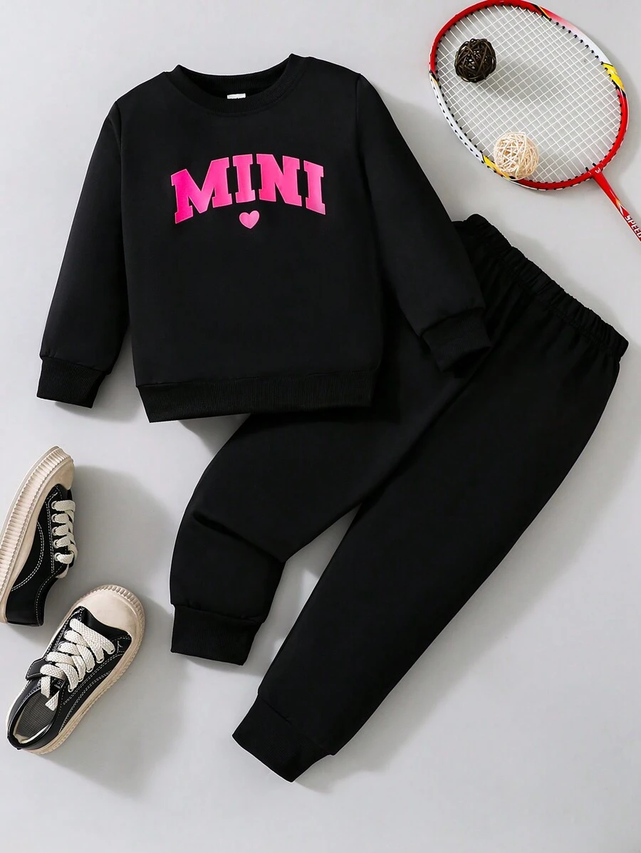 SHEIN Young Girl Letter Graphic Sweatshirt & Sweatpants - Black - View 1
