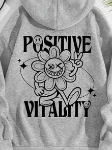 SHEIN EZwear Cartoon & Letter Graphic Drawstring Thermal Lined Hoodie - Grey - View 4