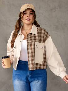 SHEIN EZwear Plus Contrast Plaid Print Drop Shoulder Flap Pocket Jacket - Khaki - View 1
