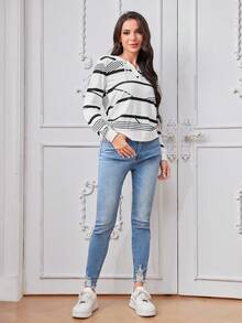 SHEIN LUNE 條紋印花抽繩連帽衫 - 黑與白 - 查看 3