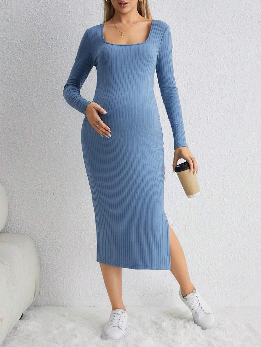 SHEIN Maternidad Vestido ajustado de cuello cuadrado de muslo con abertura tejido de canalé - Azul - Ver 1
