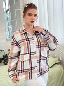 SHEIN EZwear Talla grande Abrigo con estampado de cuadros de hombros caídos - Multicolor - Ver 4