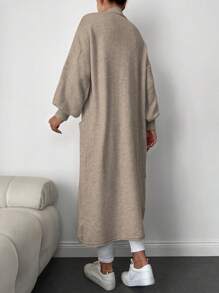 Dual Pocket Drop Shoulder Open Front Longline Duster Cardigan - Camel - View 2