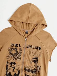 SHEIN EZwear Slogan Graphic Zip Up Hoodie Without Tee - Khaki - View 4