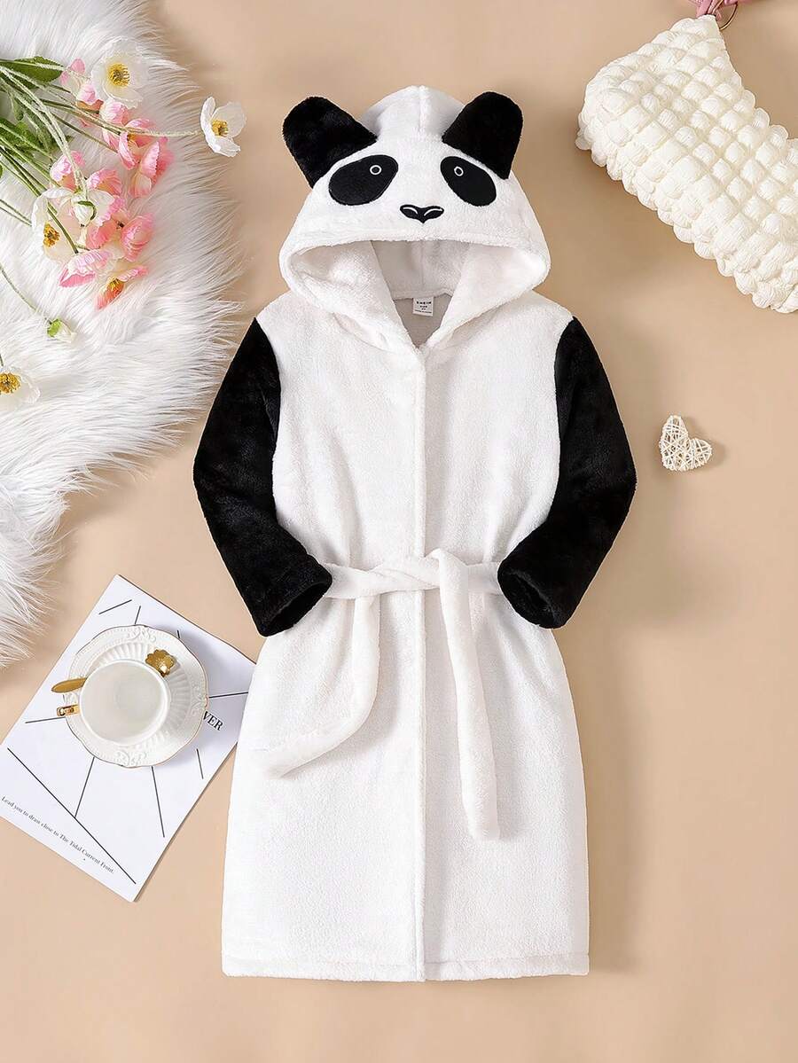 Chica Joven Bata con bordado de dibujos animados con diseño de oreja 3D con capucha con cinturón forro polar - Blanco - Ver 1