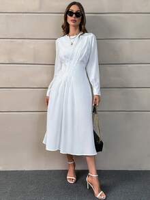 SHEIN Privé Solid Fold Pleated Detail A-line Dress - White - View 5