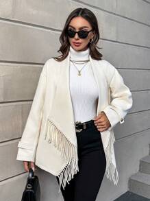 SHEIN Privé Waterfall Collar Fringe Trim Open Front Overcoat - Apricot - View 6