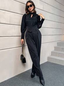 SHEIN Privé Encolure Trou De Serrure Manches Bouffantes Top & Pantalon Ample