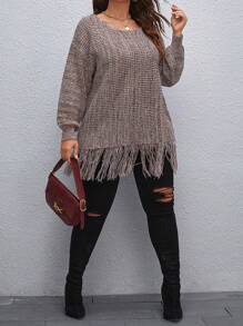 SHEIN CURVE+ 大碼段染流蘇下擺落肩袖套頭毛衣 - 彩色 - 查看 4