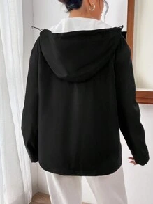 SHEIN EZwear Màu thuần Dây rút áo có mũ Áo khoác - màu đen - Xem 7