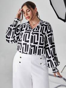 SHEIN Clasi 大碼幾何印花燈籠袖襯衫 - 黑色 - 查看 4