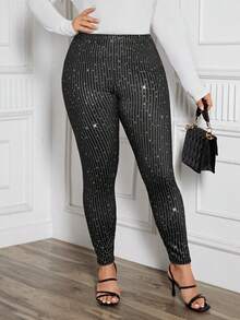 SHEIN Clasi Talla grande Leggings con lentejuelas - Negro - Ver 6