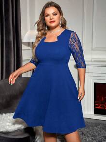 SHEIN Clasi Talla grande Vestido de manga con encaje escote cuello - azul real - Ver 3