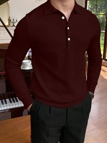 Nam Chất rắn Cổ Polo Áo len - Màu Đỏ Sâu - Xem 4