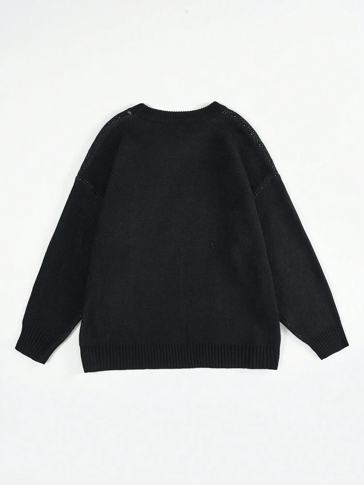 Plus Slogan & Cartoon Pattern Drop Shoulder Sweater Knit Pullover Fall Winter Sweater