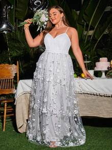 Plus Floral Embroidery Mesh Overlay Cami Wedding Dress - White - View 6