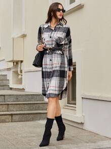 RueChic Plaid Print Drop Shoulder Shirt Dress Without Belt - Multicolor - View 3