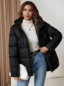 Abrigo acolchado con capucha con cordón y cremallera - Negro - Ver 3